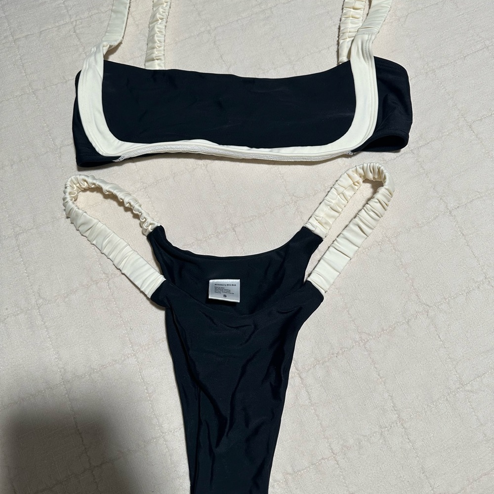 Strawberry Milk Mob Black & Cream Ruched Strap Bikini